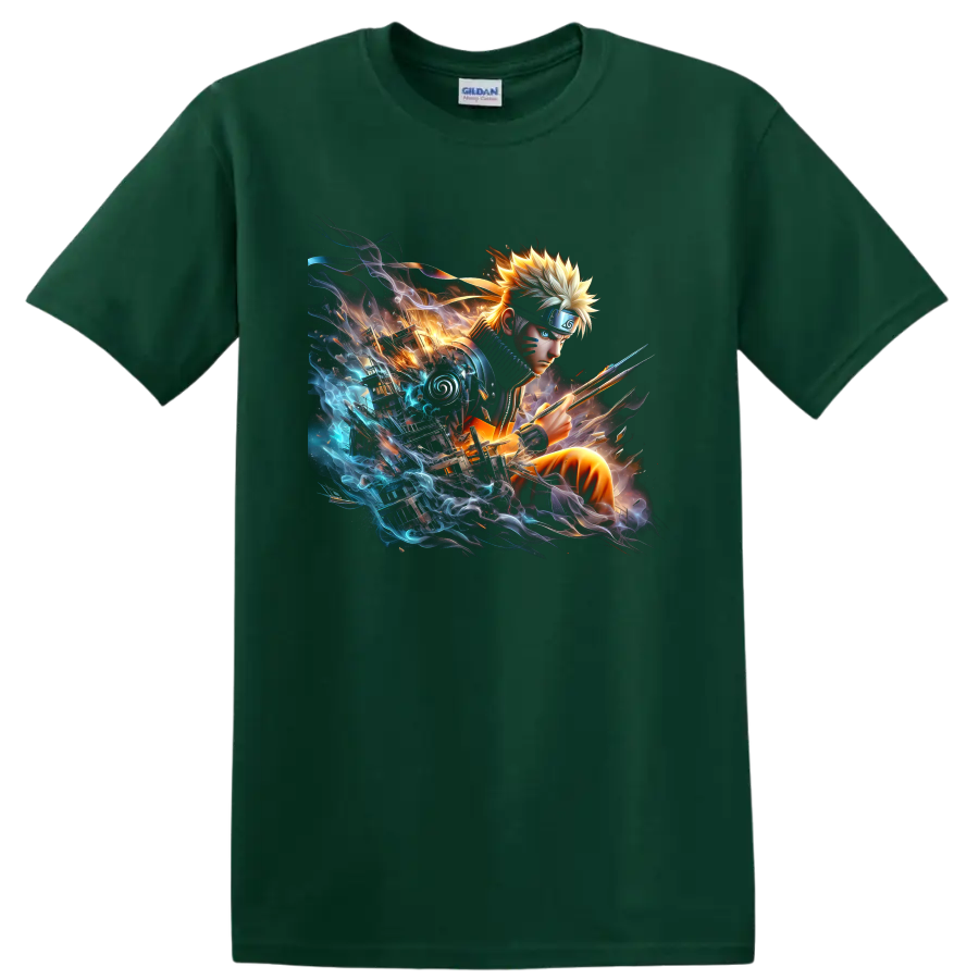 Naruto Uzumaki anime battle art with a kunai, fiery light, and blue energy on a Forest Green T Shirt