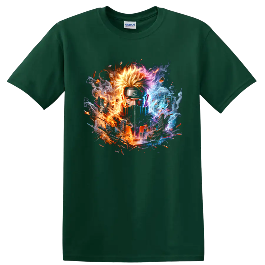 Naruto Uzumaki anime portrait with fiery and icy energy cityscape graphic on a Forest Green T Shirt