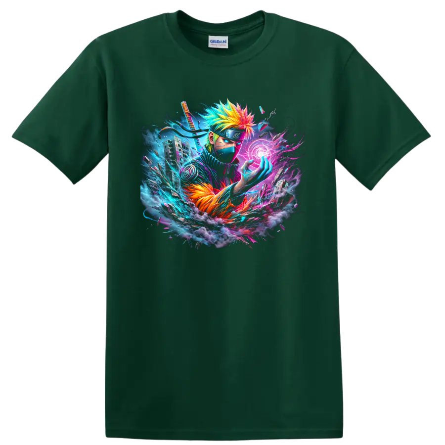 Kakashi Hatake neon anime ninja with glowing energy orb and futuristic city artwork on a Forest Green T Shirt