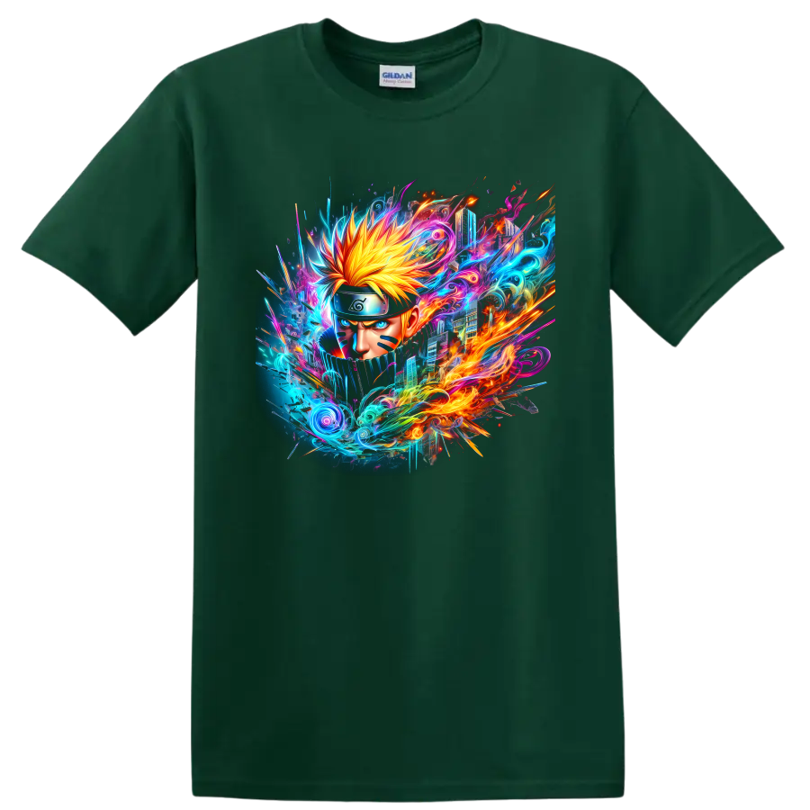 Naruto Uzumaki portrait with neon fire, electric swirls, and futuristic ninja art on a Forest Green T Shirt