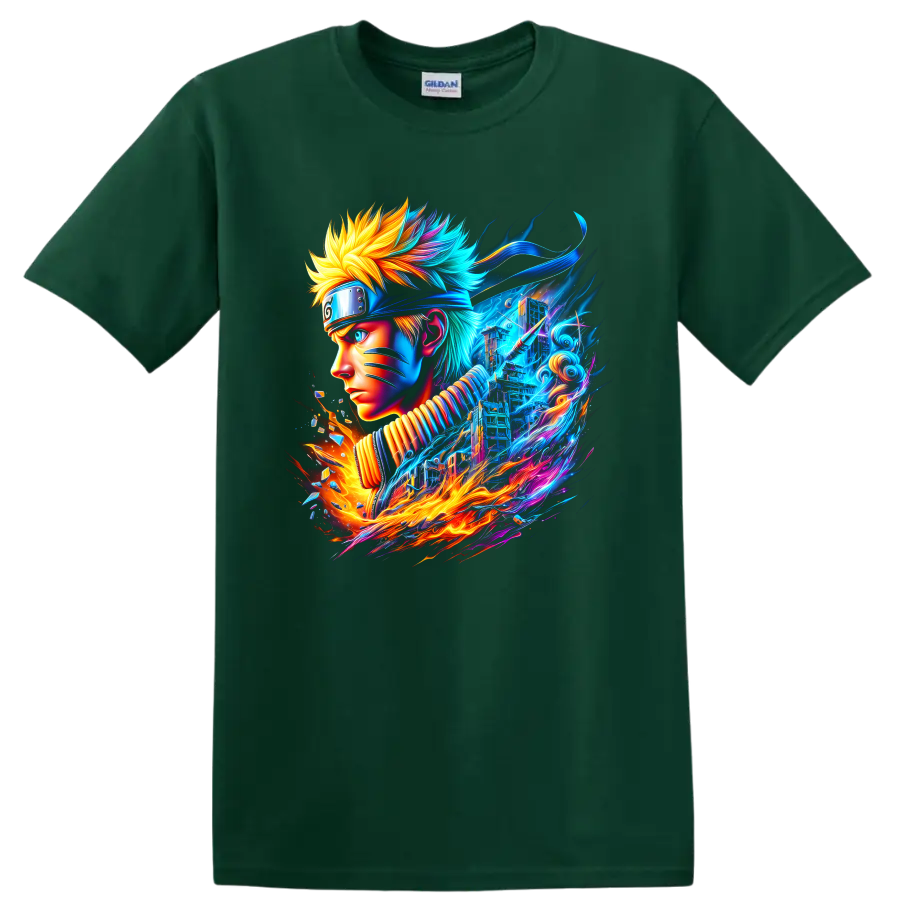 Naruto Uzumaki neon ninja portrait with blue energy and fiery action art on a Forest Green T Shirt