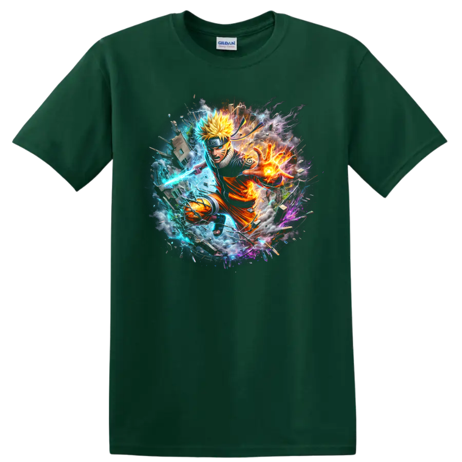Naruto Uzumaki anime action graphic with fiery energy, blue lightning, and debris on a Forest Green T Shirt