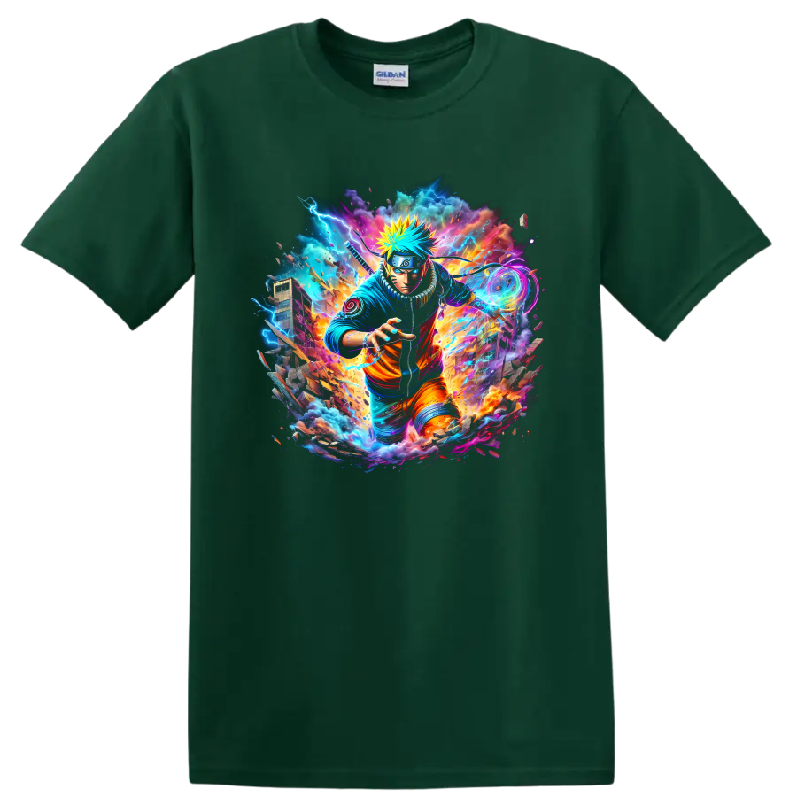 Naruto Uzumaki neon ninja action graphic with lightning and swirling energy on a Forest Green T Shirt