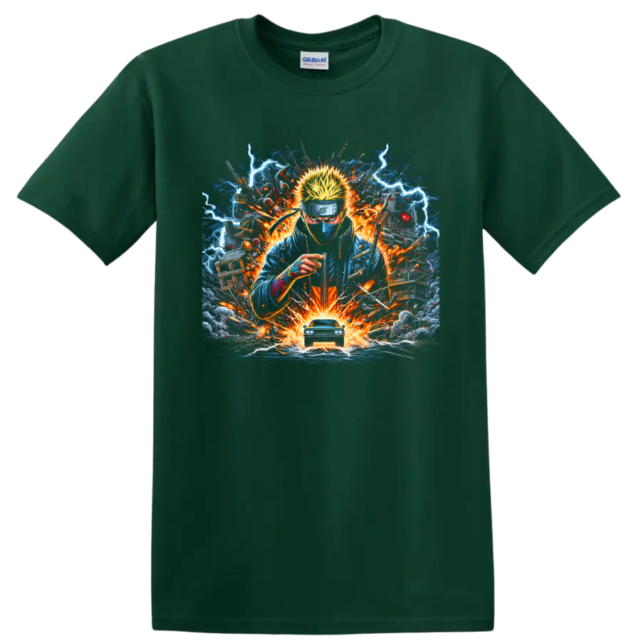 Kakashi Hatake anime action art with lightning, fire, storm clouds, and blue car on a Forest Green T Shirt