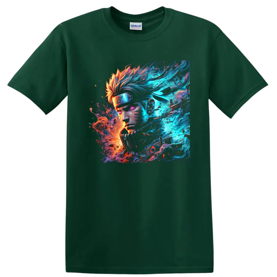 Naruto Uzumaki neon anime portrait with blue energy and orange fire effects on a Forest Green T Shirt
