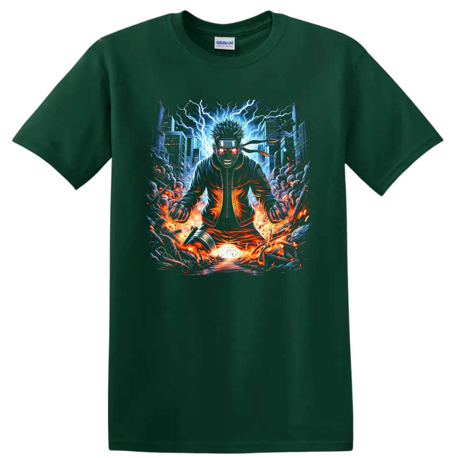 Naruto Uzumaki in cyberpunk anime style with lightning, flames, and a futuristic city on a Forest Green T Shirt