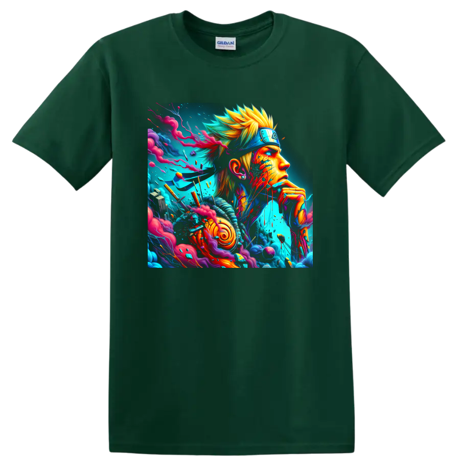 Naruto Uzumaki neon anime ninja portrait with swirling smoke and colorful energy art on a Forest Green T Shirt