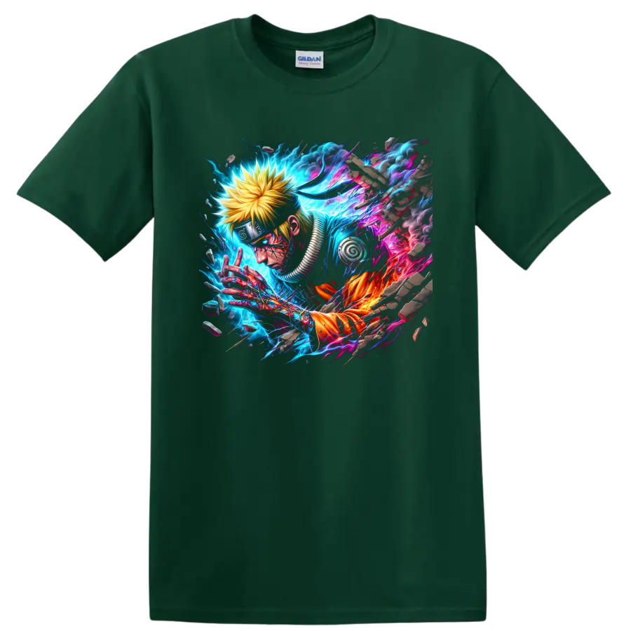 Naruto Uzumaki cyber ninja artwork with electric neon energy and shattered stone on a Forest Green T Shirt