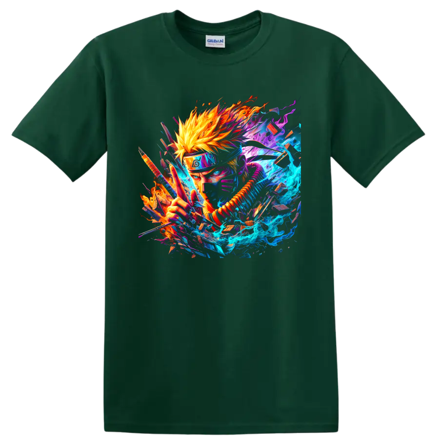 Naruto Uzumaki neon anime action graphic with blue energy and orange flames on a Forest Green T Shirt