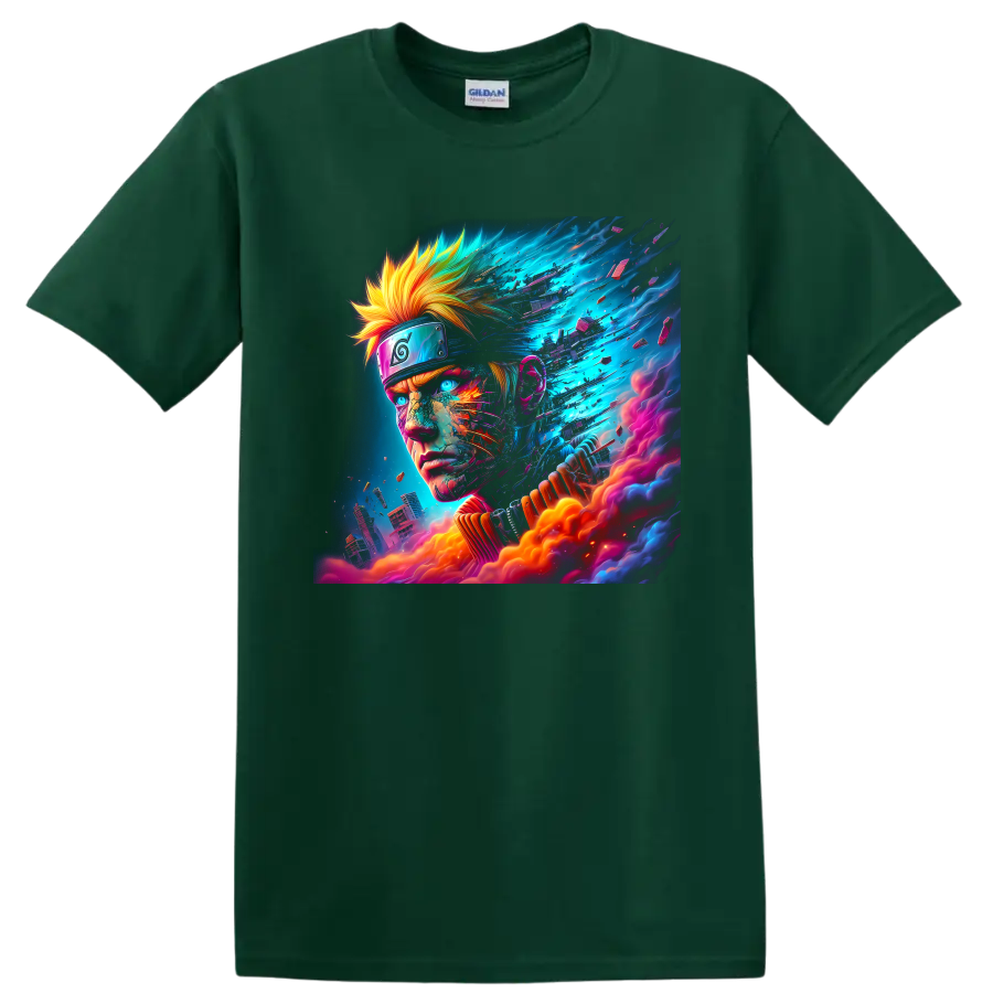 Naruto Uzumaki neon cyberpunk portrait with energy fragments and futuristic city on a Forest Green T Shirt