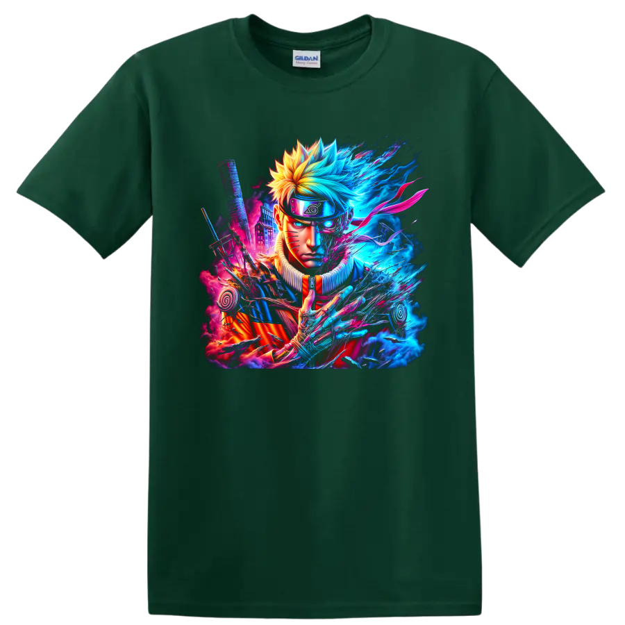 Naruto Uzumaki neon cyber ninja portrait with sword, spiral emblems, and energy effects on a Forest Green T Shirt