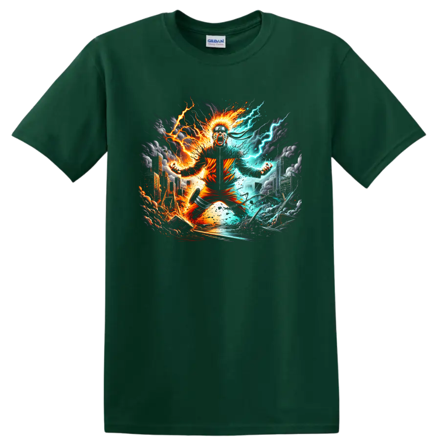Naruto Uzumaki anime ninja with fiery orange energy and aqua lightning on a Forest Green T Shirt