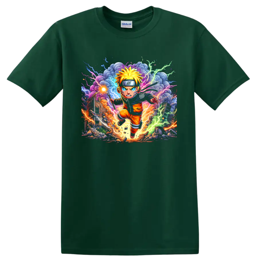 Naruto Uzumaki running in a vivid lightning battle anime graphic print on a Forest Green T Shirt