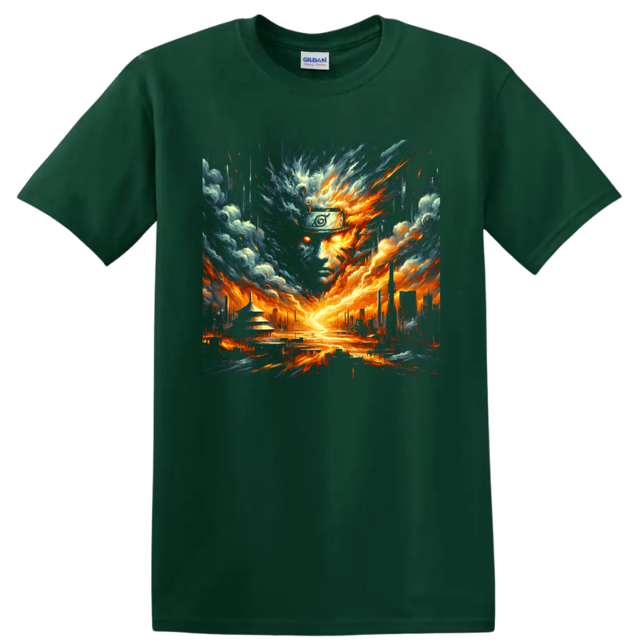 Naruto Uzumaki fiery storm portrait with a glowing cityscape in dramatic anime art on a Forest Green T Shirt