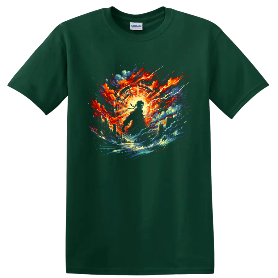 Naruto Uzumaki-inspired ninja with cosmic city, energy burst, waves, and lightning on a Forest Green T Shirt