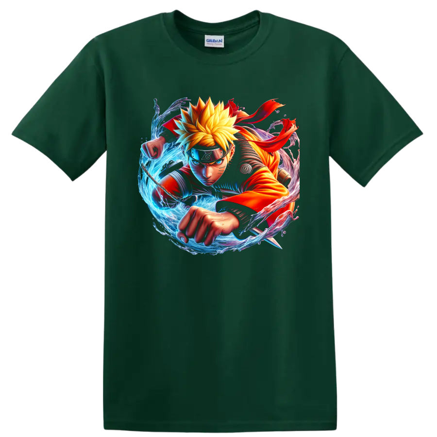 Naruto Uzumaki anime ninja action graphic with blue energy and fiery orange motion on a Forest Green T Shirt