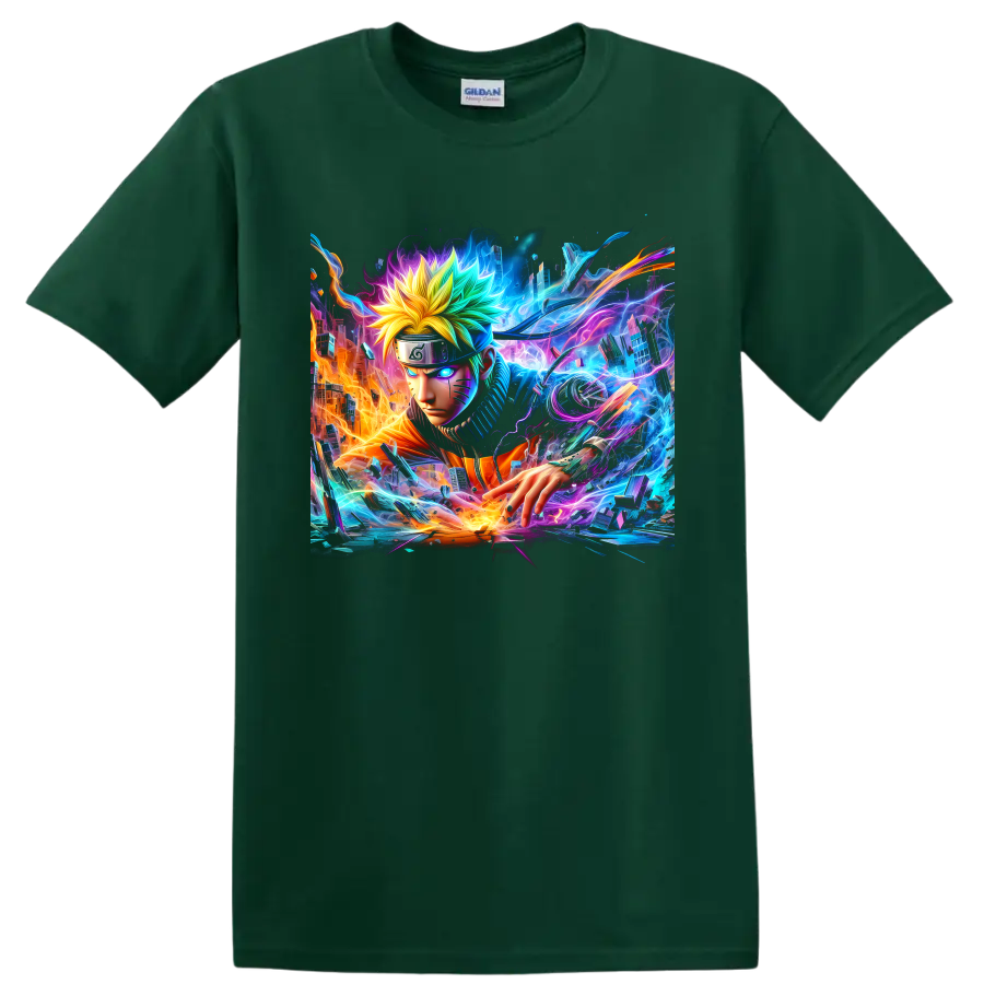 Naruto Uzumaki neon cyberpunk ninja graphic with glowing energy and futuristic city on a Forest Green T Shirt