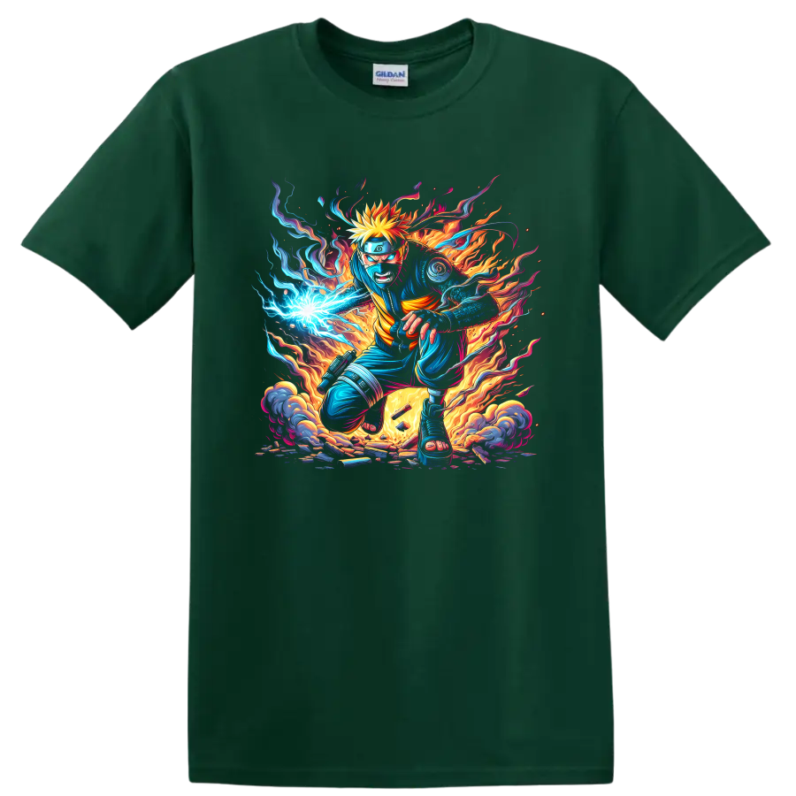 Naruto Uzumaki ninja action graphic with blue energy, flames, and smoke on a Forest Green T Shirt