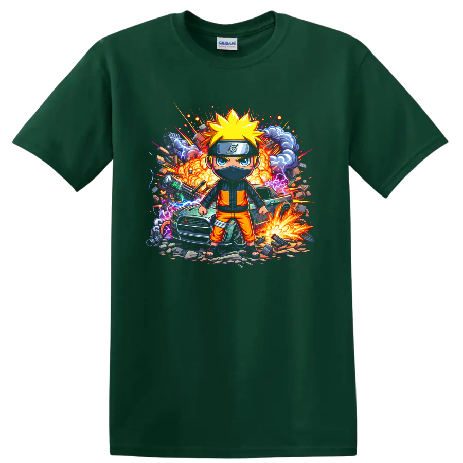 Chibi Naruto Uzumaki ninja with explosions, lightning, smoke, and sports car action on a Forest Green T Shirt