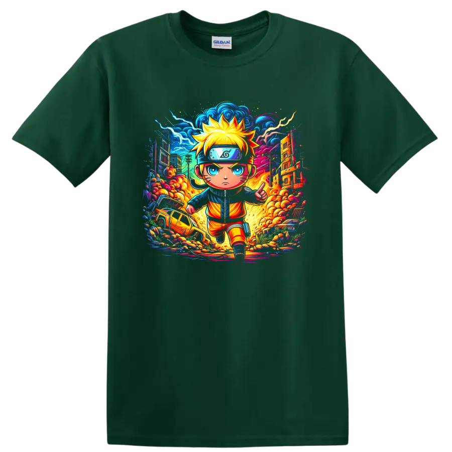Naruto Uzumaki chibi ninja running through a neon lightning city action scene on a Forest Green T Shirt