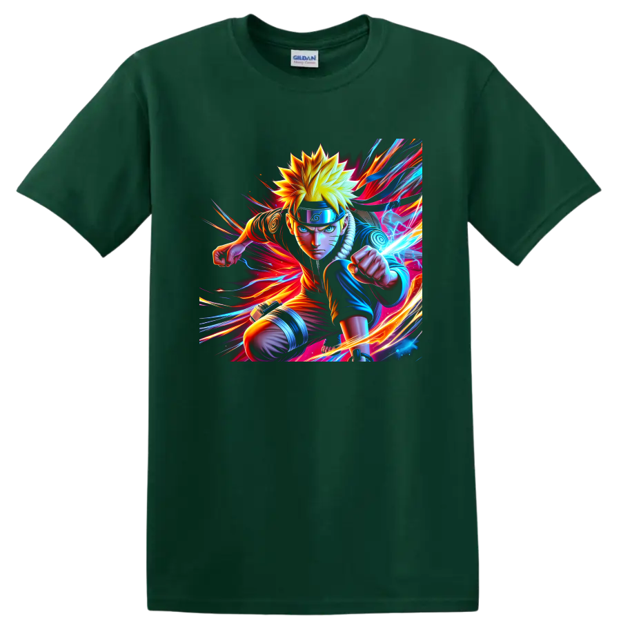 Naruto Uzumaki charging with Rasengan in vivid neon anime action art on a Forest Green T Shirt