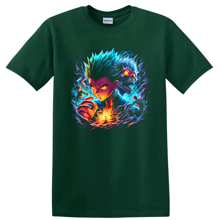 Gon Freecss neon fantasy graphic with spectral skull, fire, and swirling energy on a Forest Green T Shirt