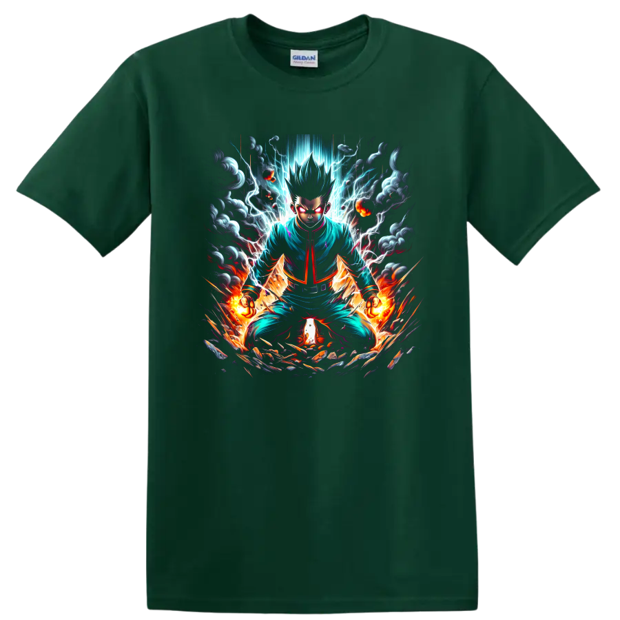Hajime Kashimo anime warrior graphic with lightning, flames, and storm clouds on a Forest Green T Shirt