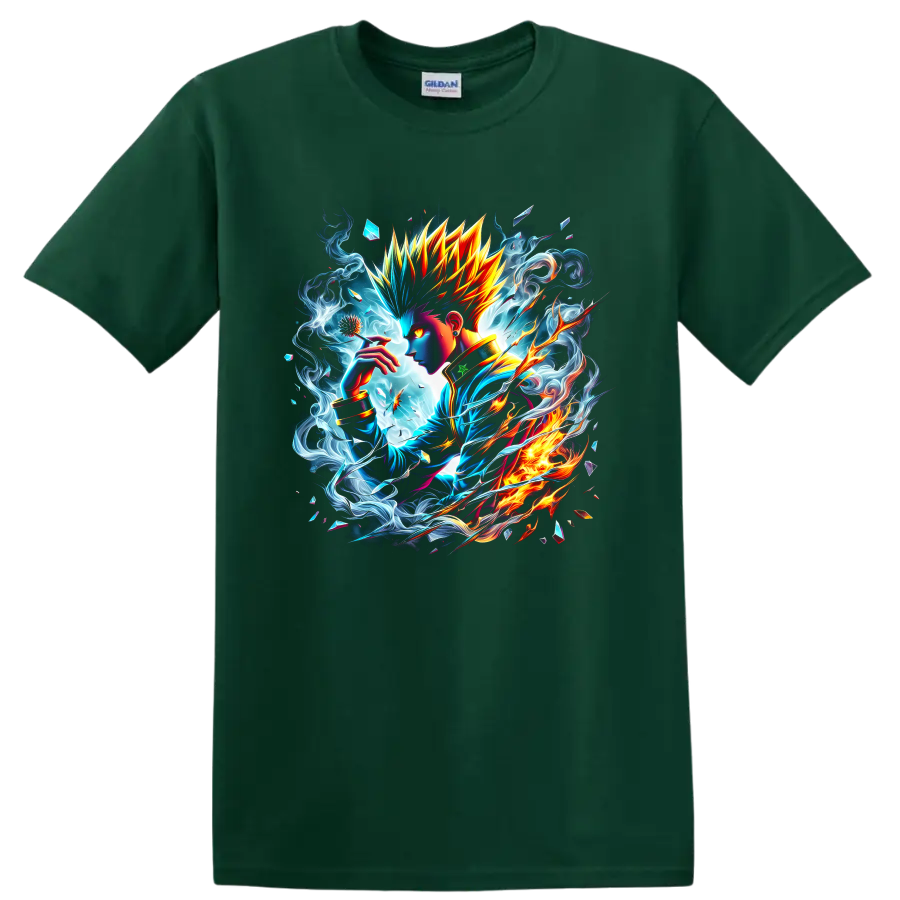 Killua Zoldyck anime portrait with electric blue energy and fiery fantasy artwork on a Forest Green T Shirt
