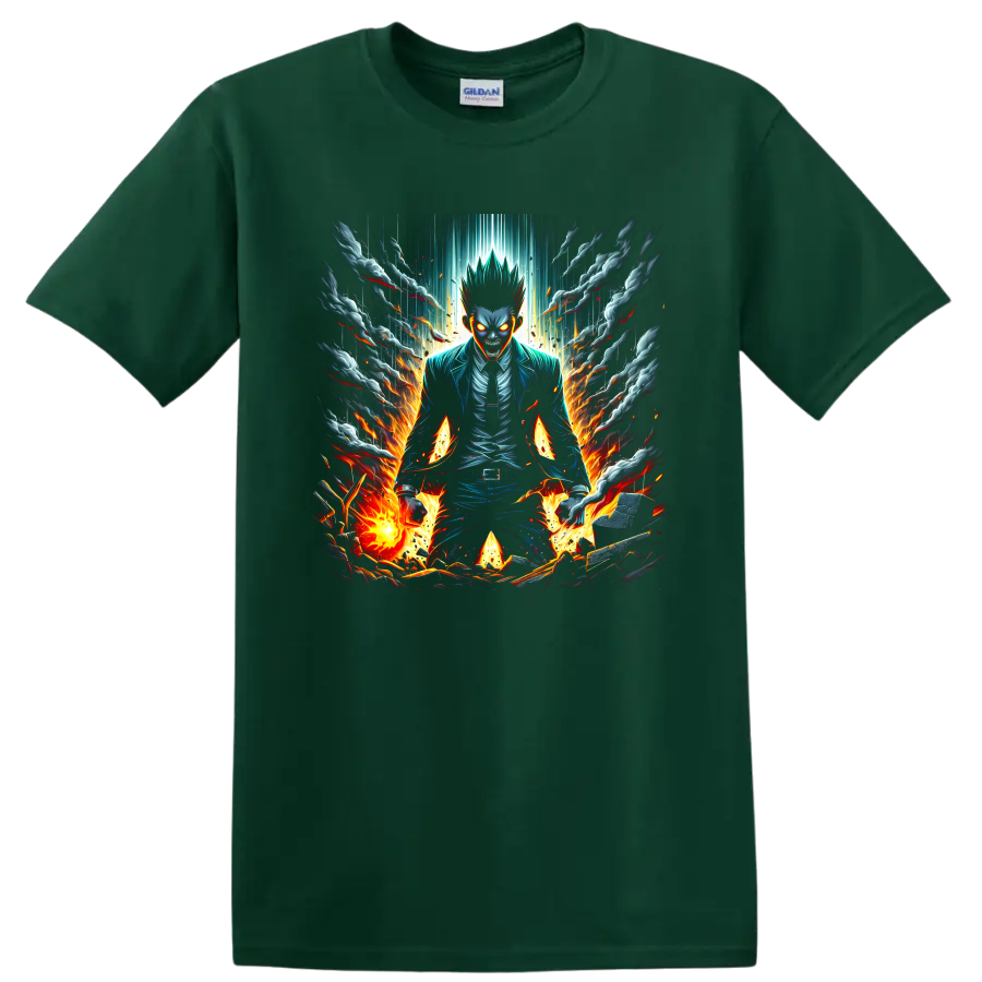 Souichi Kiruma Usogui manga-style graphic with flames, smoke, sparks, and glowing eyes on a Forest Green T Shirt