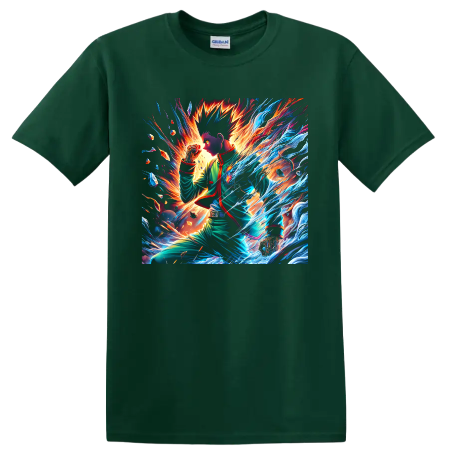Gon Freecss and Killua Zoldyck anime battle art with blue energy and fiery light on a Forest Green T Shirt