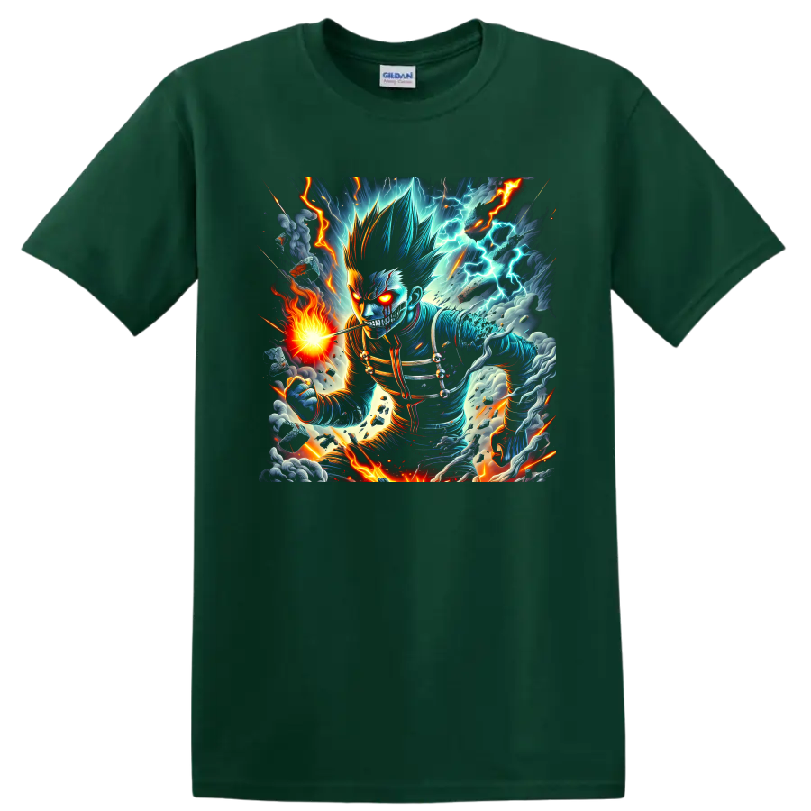 Cosmic Garou anime battle graphic with lightning, fire, storm clouds, and glowing eyes on a Forest Green T Shirt