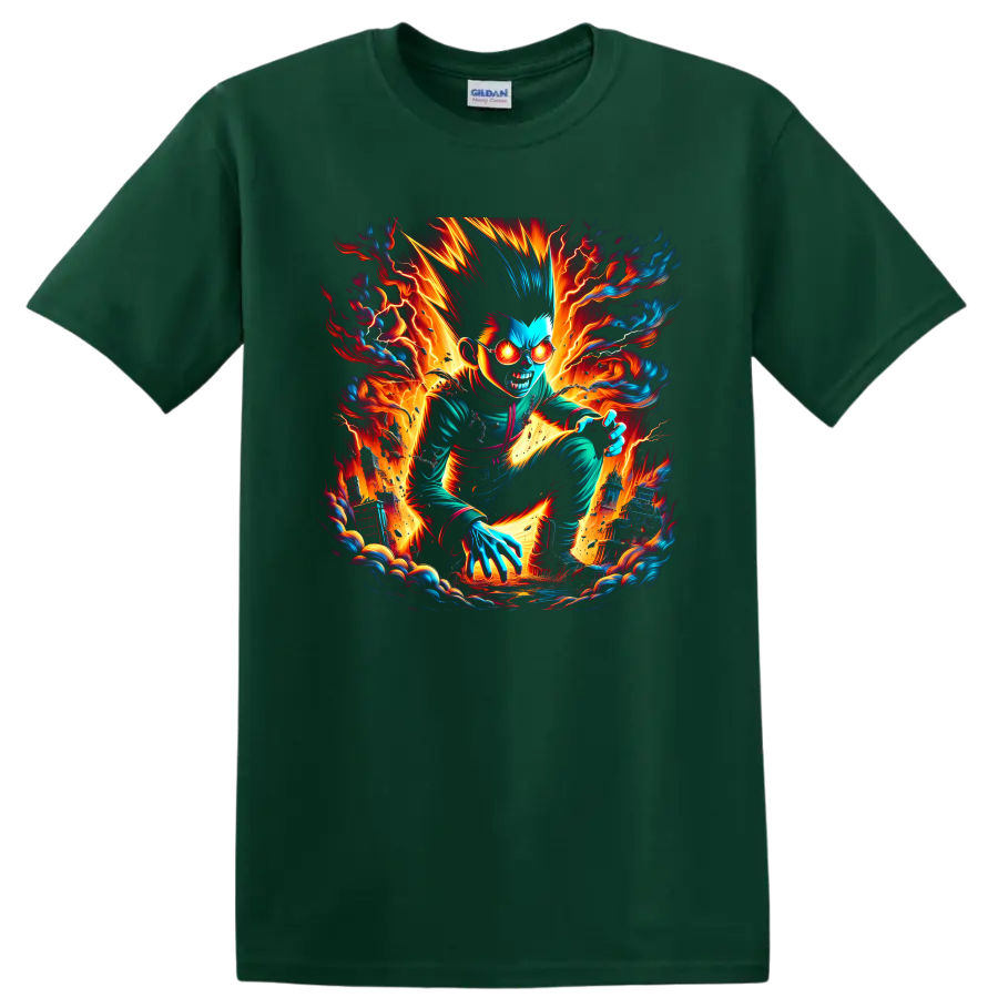 Gon Freecss in a fiery electric anime action graphic on a Forest Green T Shirt