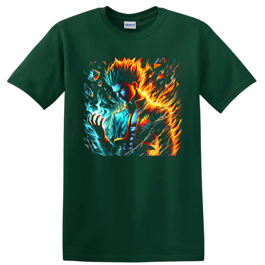 Shoto Todoroki fire and ice anime-style graphic with crystalline shards on a Forest Green T Shirt
