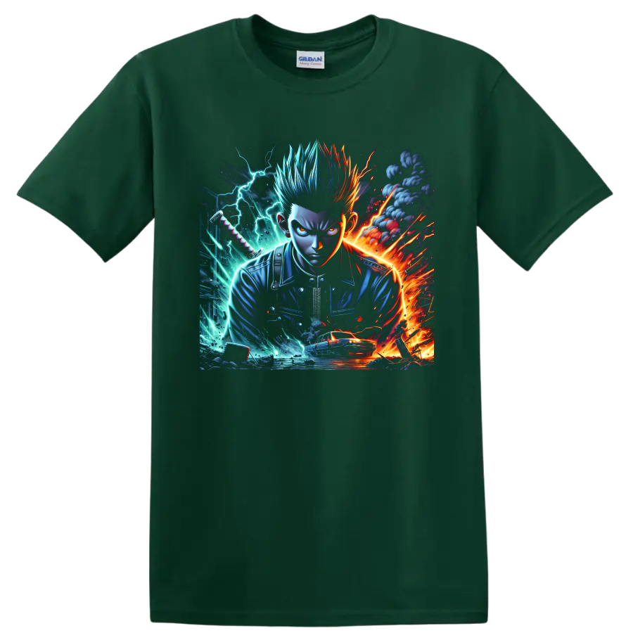 Gaku anime fighter graphic with blue and red hair, lightning, fire, sword hilt, and car on a Forest Green T Shirt