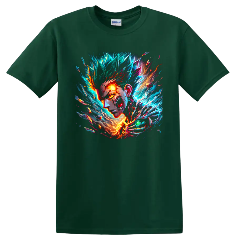 Cosmic Garou neon energy portrait with blazing eye, lightning, flames, and shards on a Forest Green T Shirt