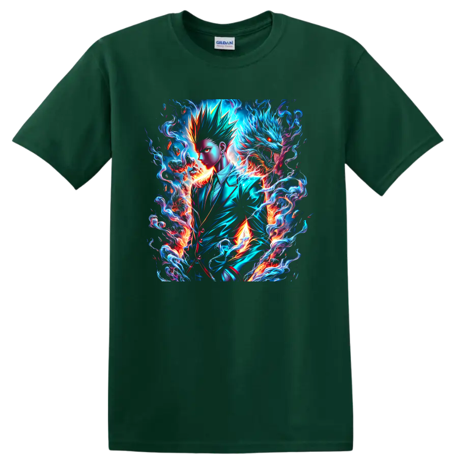 Kaji Takaomi neon fantasy art with a blue dragon, flames, and swirling energy on a Forest Green T Shirt