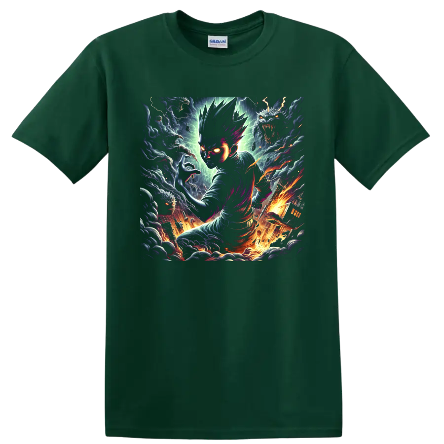 Glowing-eyed anime fighter with shadow beasts, lightning, and fiery fantasy art on a Forest Green T Shirt