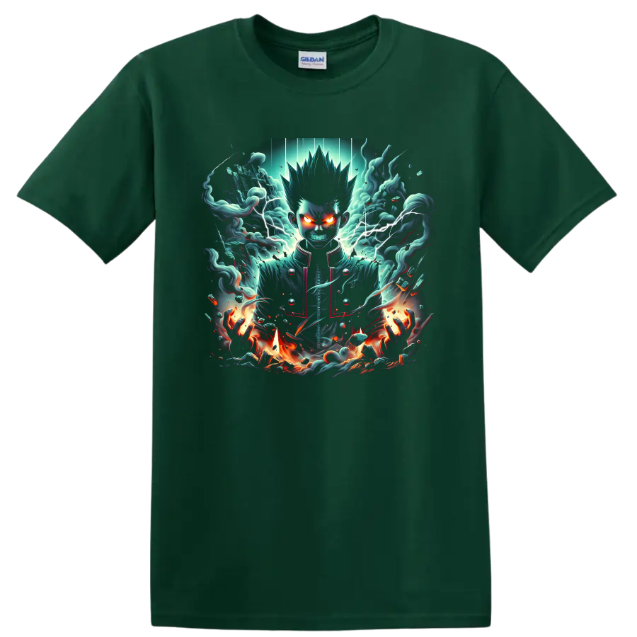 Shigeo Kageyama dark psychic anime art with lightning, teal vapor, and flames on a Forest Green T Shirt
