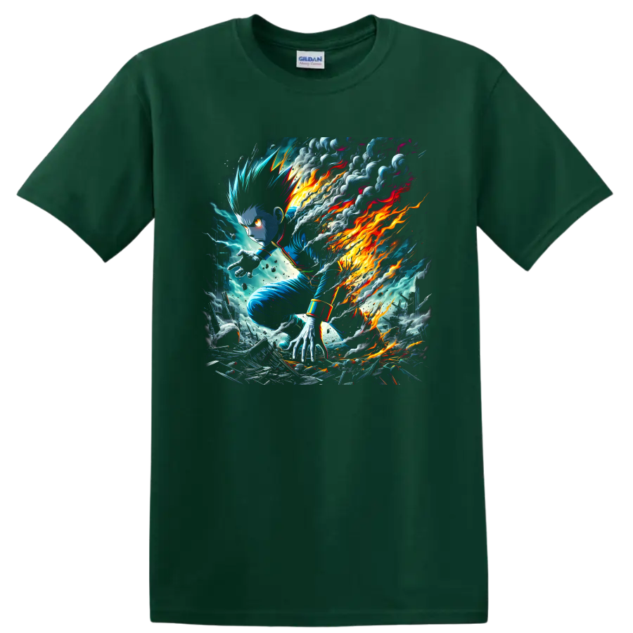 Killua Zoldyck action artwork with blue lightning, smoke, and blazing energy on a Forest Green T Shirt