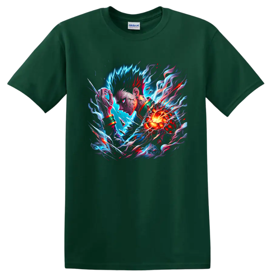 Lord Boros-inspired anime warrior with glowing energy core and cosmic battle effects on a Forest Green T Shirt