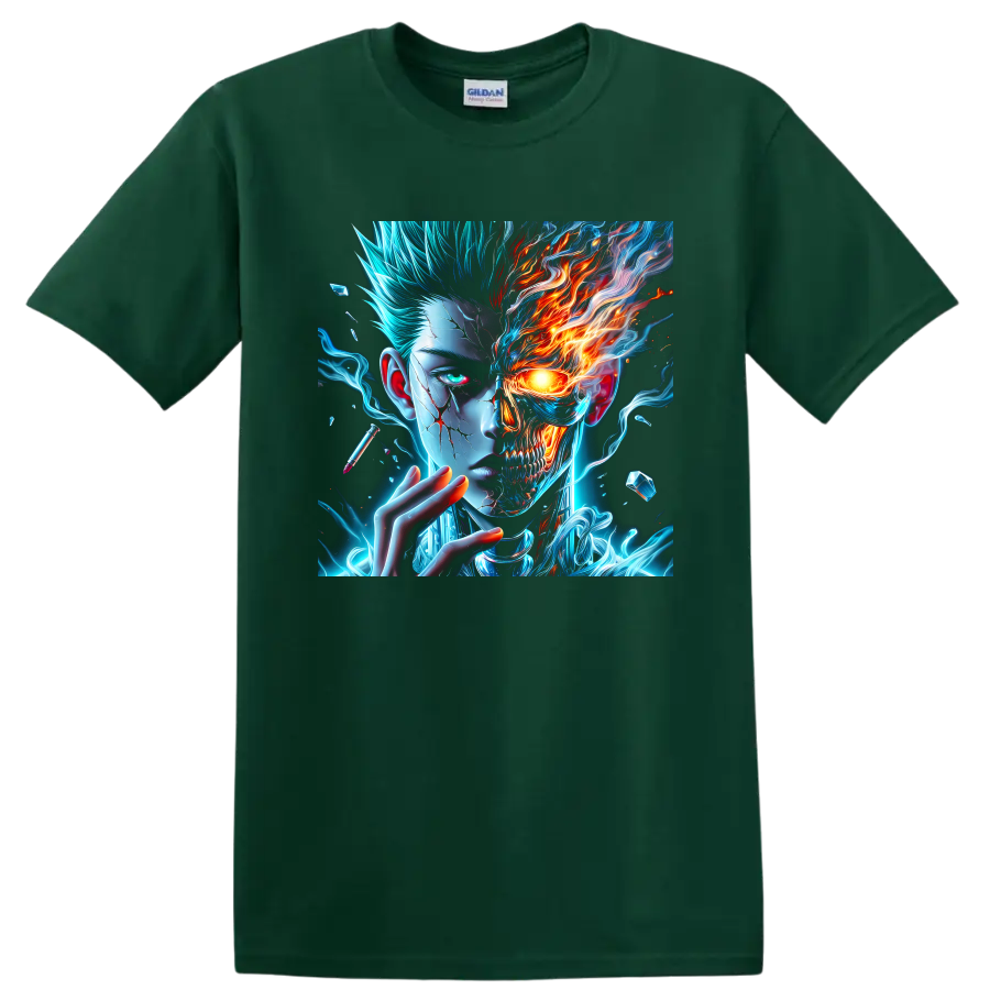 Dabi split-face cyberpunk graphic with blue energy, flames, and skeletal skull detail on a Forest Green T Shirt