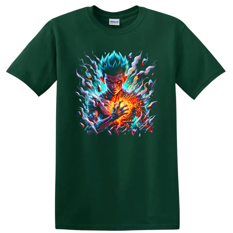 Cosmic Garou neon energy anime artwork with crystal shards and fiery cosmic effects on a Forest Green T Shirt