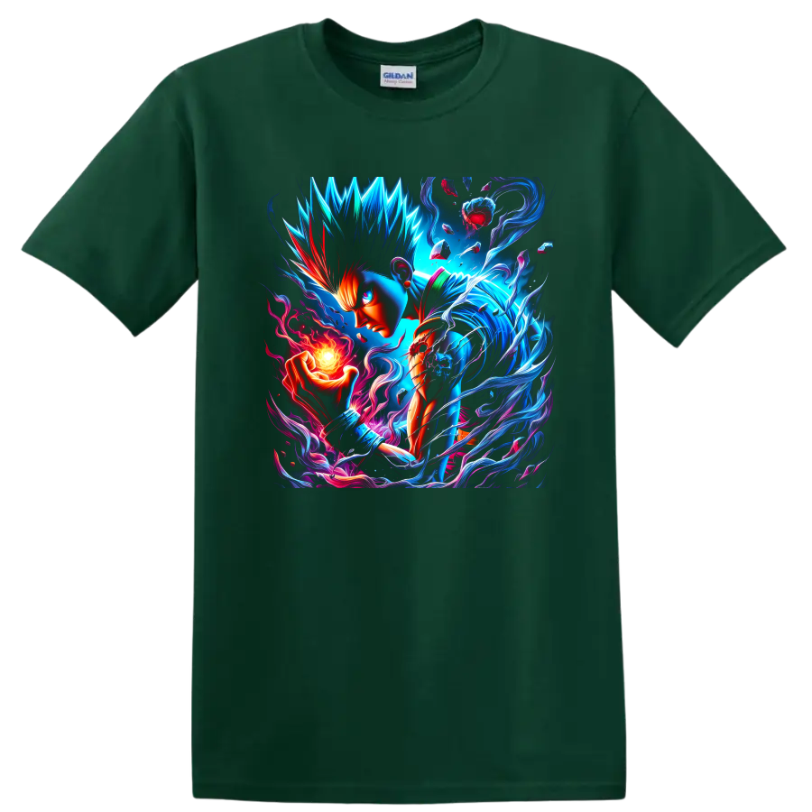 Garou warrior with neon blue energy, flame orb, and shards in vivid anime art on a Forest Green T Shirt