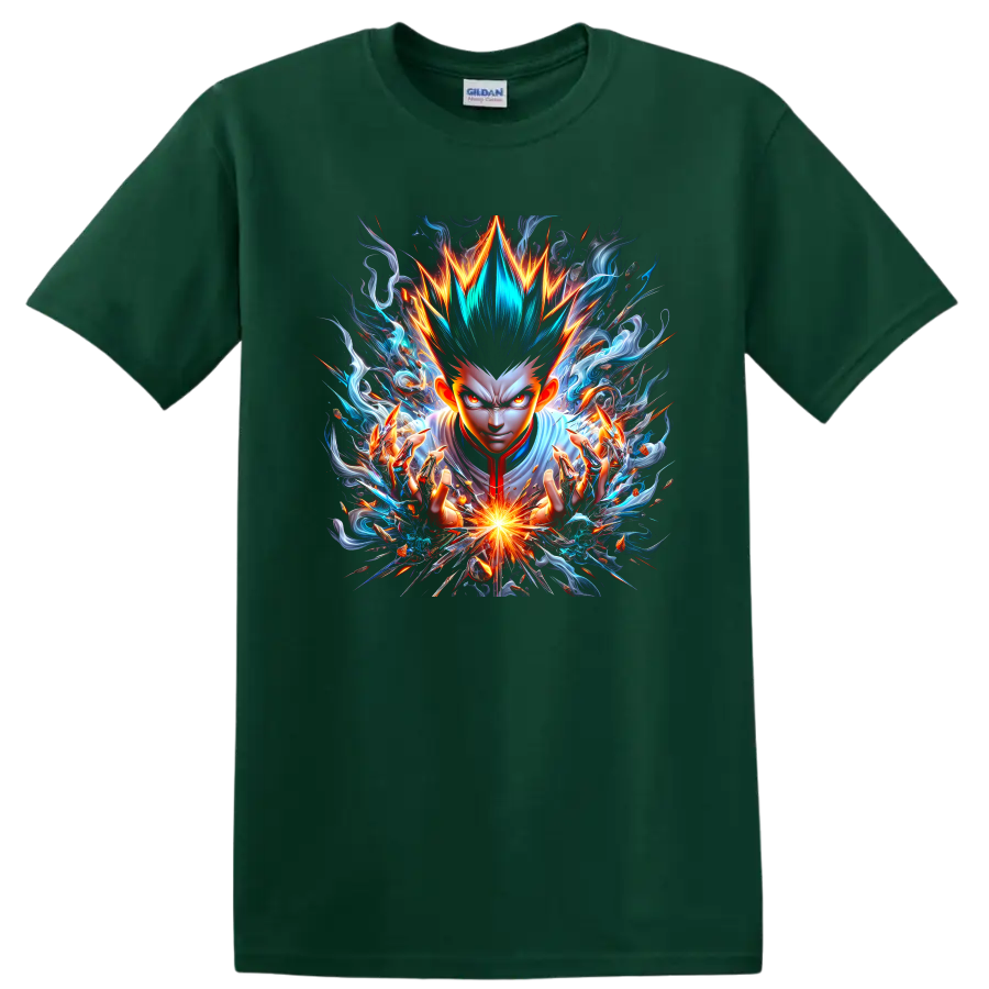 Gon Freecss with spiky hair and radiant energy in dramatic anime action art on a Forest Green T Shirt
