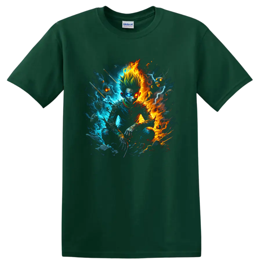 Hunter × Hunter elemental warrior graphic with blue lightning and orange flames on a Forest Green T Shirt