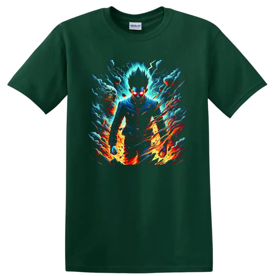 Shigeo Kageyama psychic energy anime graphic with lightning, clouds, and flames on a Forest Green T Shirt