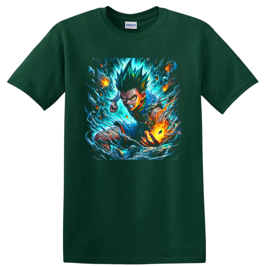 Adult Gon Freecss anime art with blue energy waves and orange fire on a Forest Green T Shirt