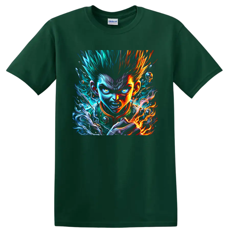 Fierce anime warrior portrait with blue lightning, orange fire, smoke, and skull accents on a Forest Green T Shirt