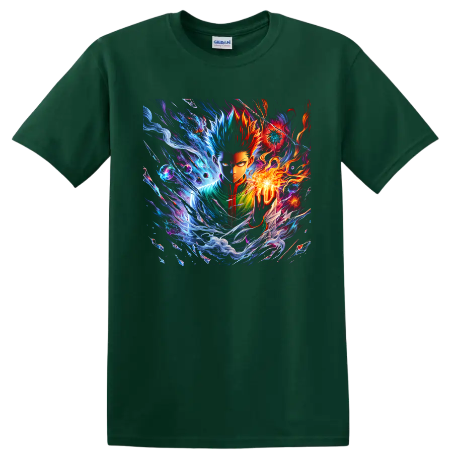 Gon Freecss and Killua Zoldyck elemental anime energy graphic with flames and blue waves on a Forest Green T Shirt