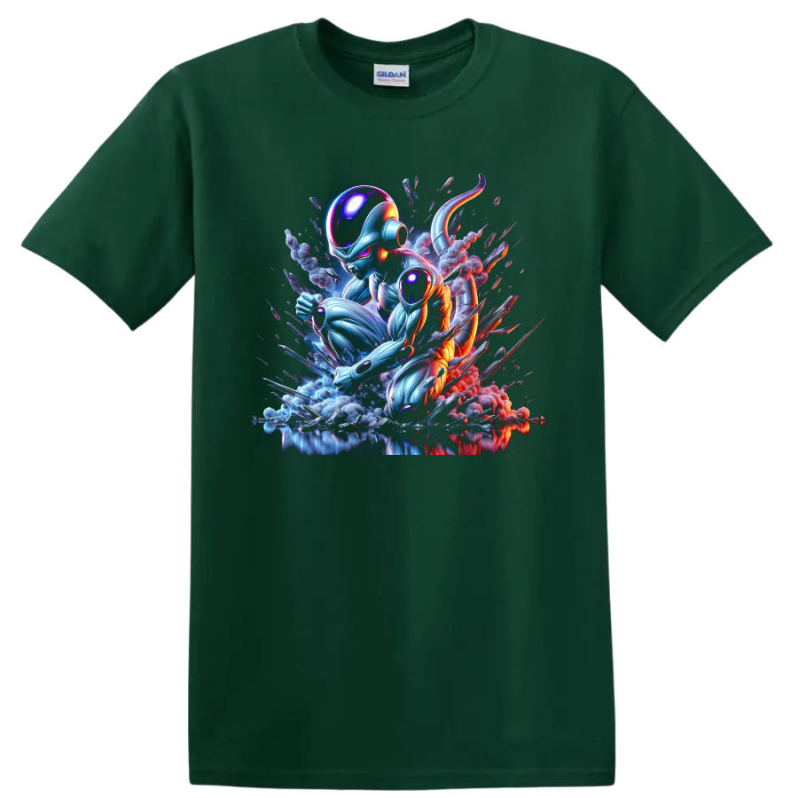 Metal Cooler cybernetic battle art with glowing armor, smoke, and shattered fragments on a Forest Green T Shirt